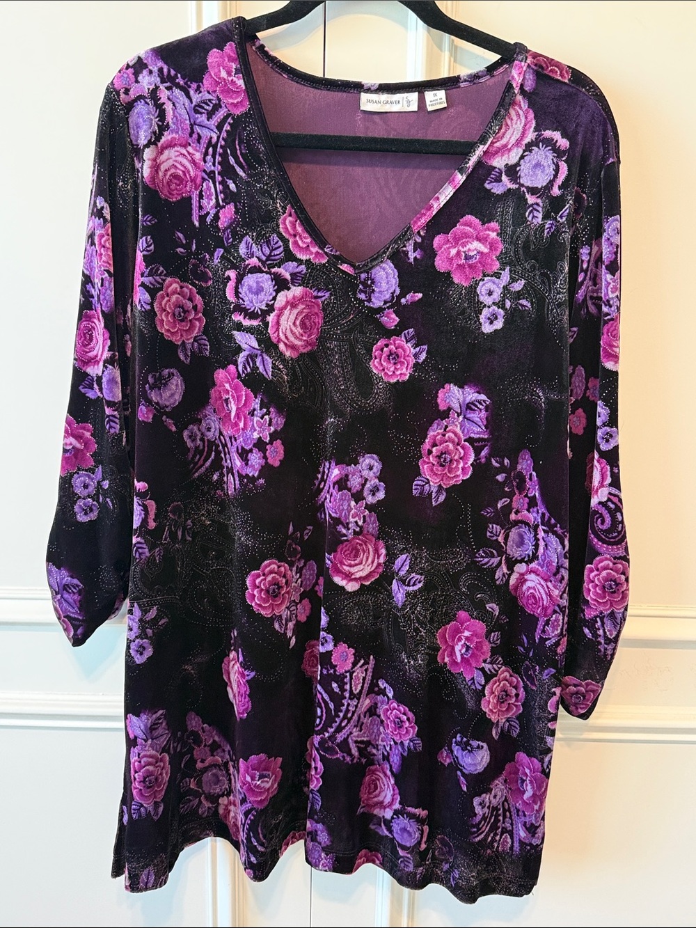 Susan Graver Black Floral Velvet V-Neck Velour Tunic with Purple & Pink Roses
